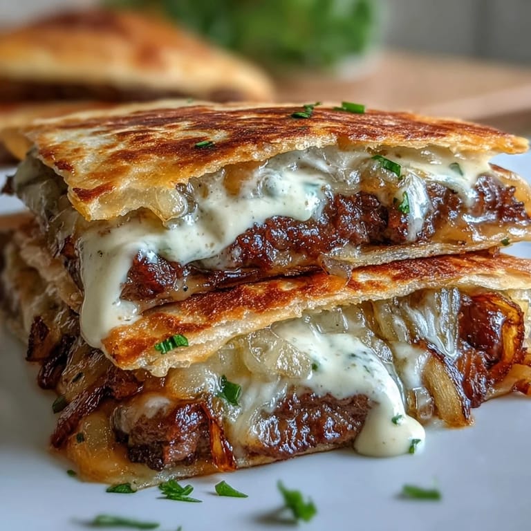 Close-up of Cheesy Griddled Smashburger Quesadillas showing juicy smashburger patties and gooey cheddar between crisp tortillas.