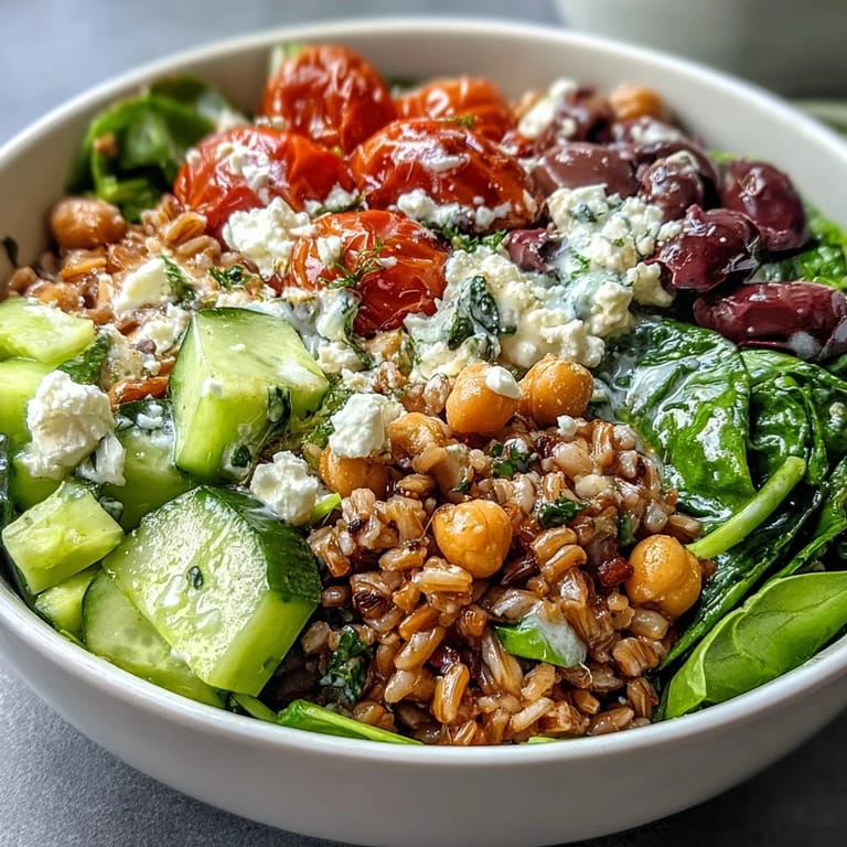 Vibrant Mediterranean Farro Bowl ready to eat. The bowl is brimming with tender farro, spinach, bell peppers, olives, and chickpeas, garnished with fresh parsley and crumbled feta. A fork rests on a ceramic plate.