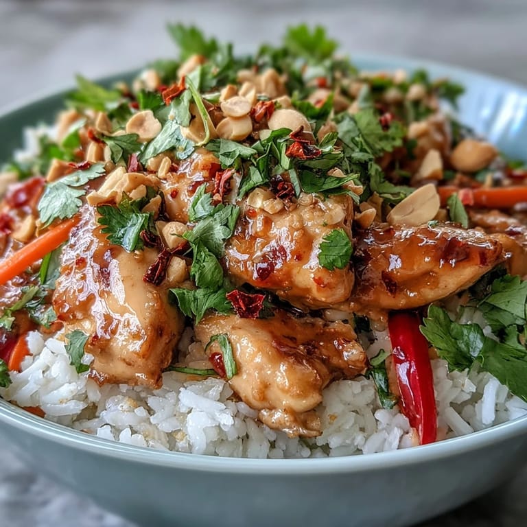 Fluffy coconut rice serves as the base for this Thai Peanut Chicken Bowl meal.