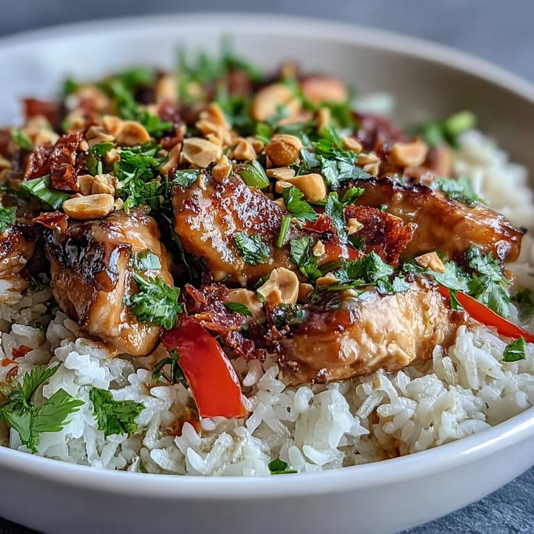 Garnished with fresh cilantro and peanuts, this Thai Peanut Chicken Bowl looks vibrant and fresh.
