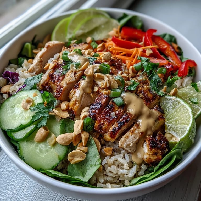A close-up of a Peanut Chicken Power Bowl featuring juicy chicken, crunchy carrots, and a rich peanut drizzle.
