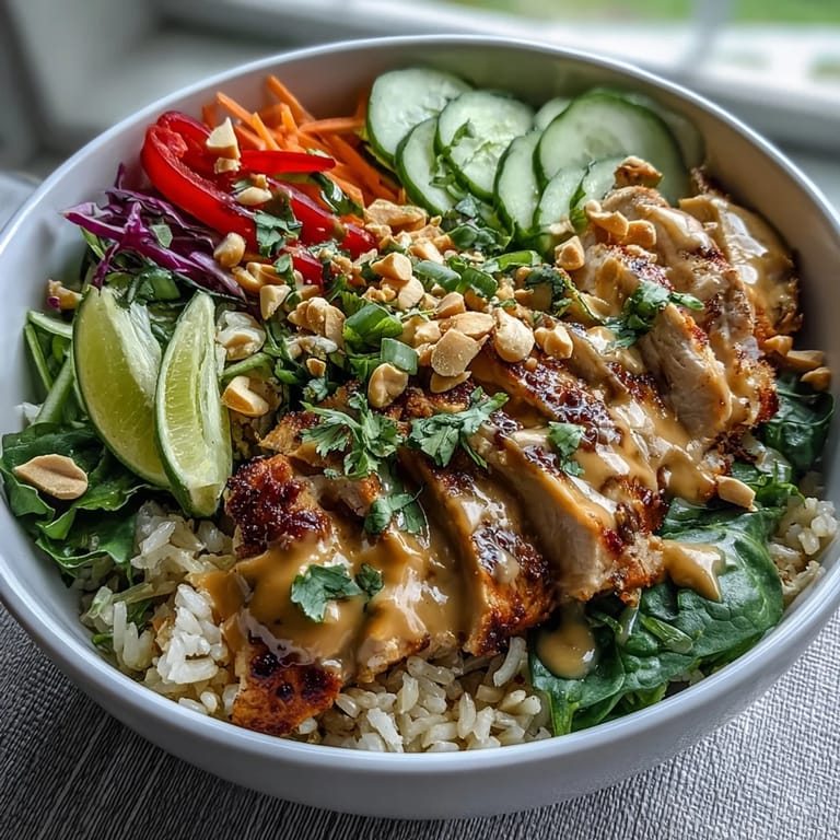 A vibrant Peanut Chicken Power Bowl garnished with chopped peanuts and cilantro, perfect for a healthy lunch.