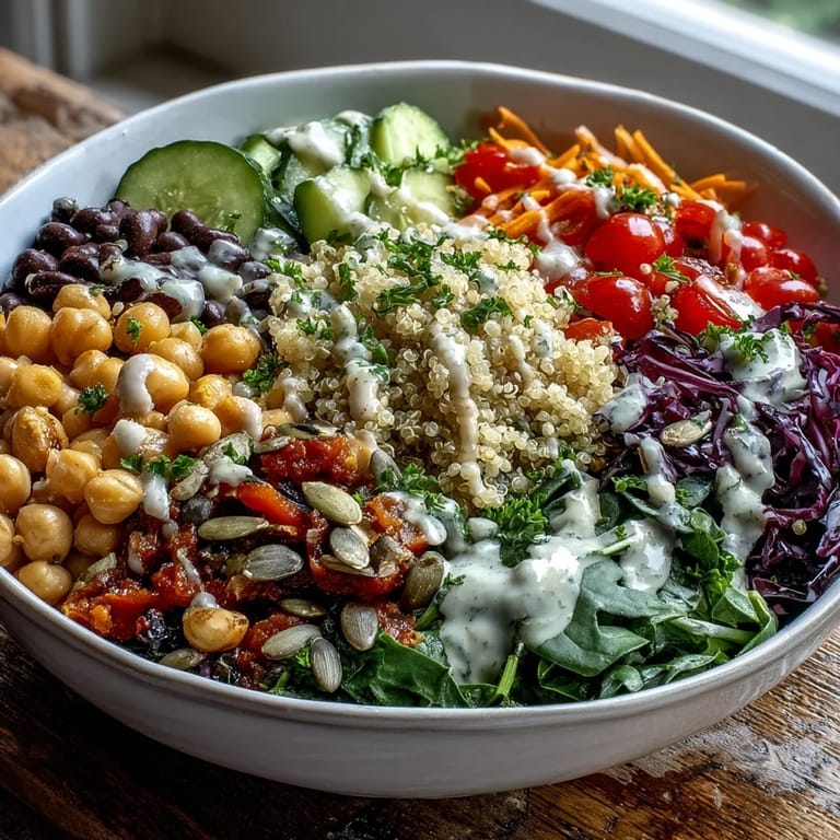This vibrant Rainbow Salad Bowl shows juicy tomatoes, crunchy nuts, and seeds tossed with a zesty lemon dressing.