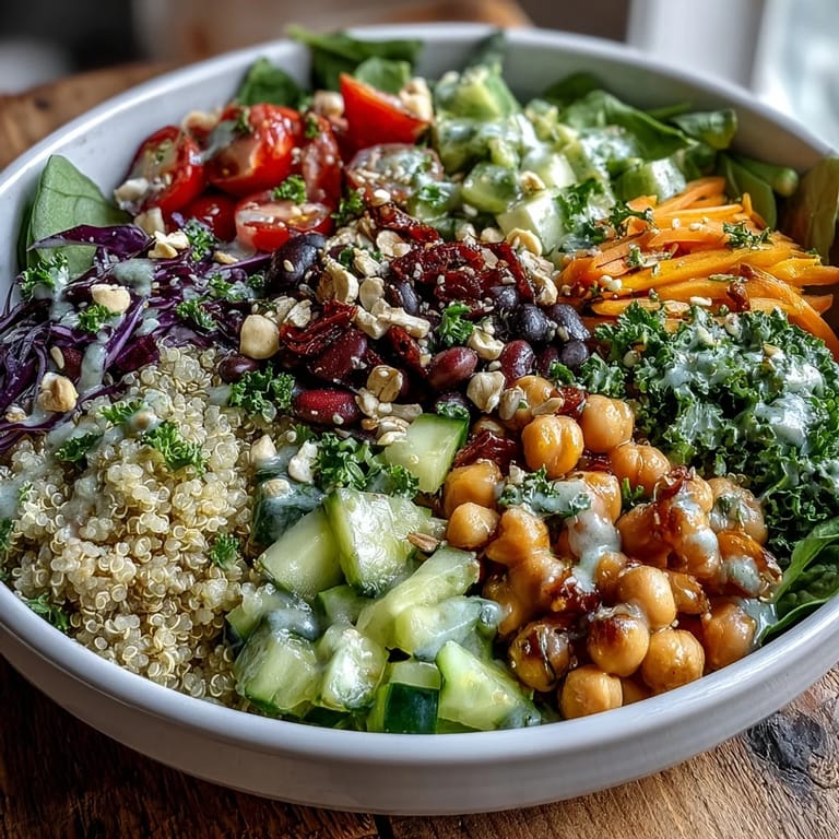 Overhead view of a healthy Rainbow Salad Bowl with black beans, purple cabbage, and herbs, ready to serve.