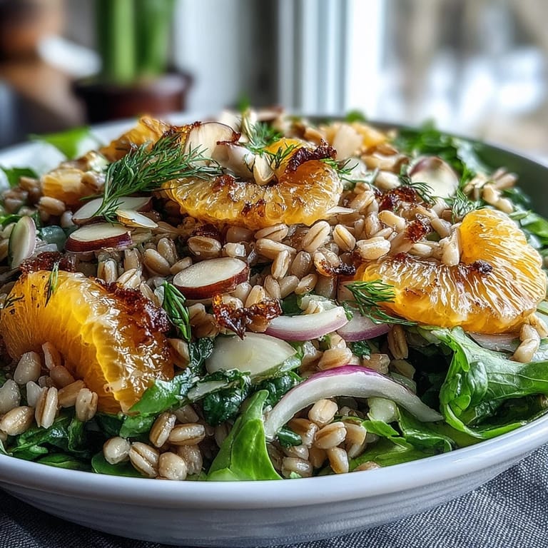 A close-up of Farro Salad Bowl with Fennel, Oranges & Almonds reveals golden toasted almonds, bright orange slices, and a glistening zesty vinaigrette. 