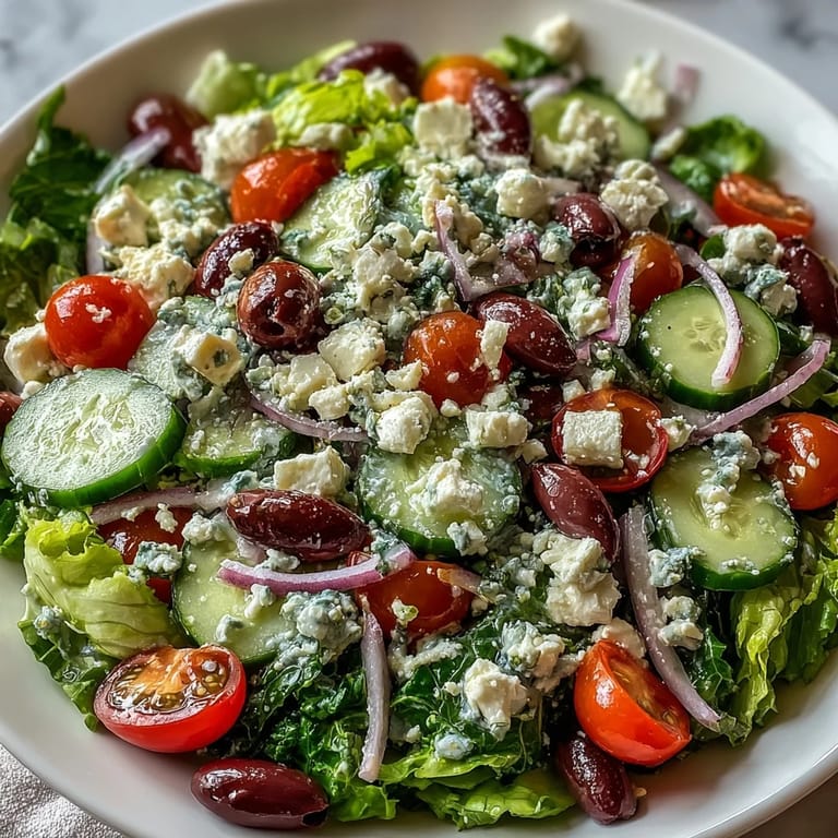 Close-up of a Mediterranean Green Salad Bowl topped with feta and olives, tossed in a tangy Greek dressing.