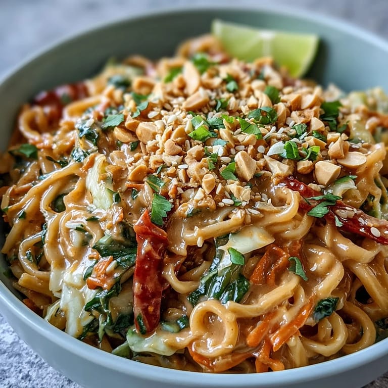 Steaming bowl of Asian Peanut Noodle Bowl garnished with lime wedges, scallions, and toasted sesame seeds.