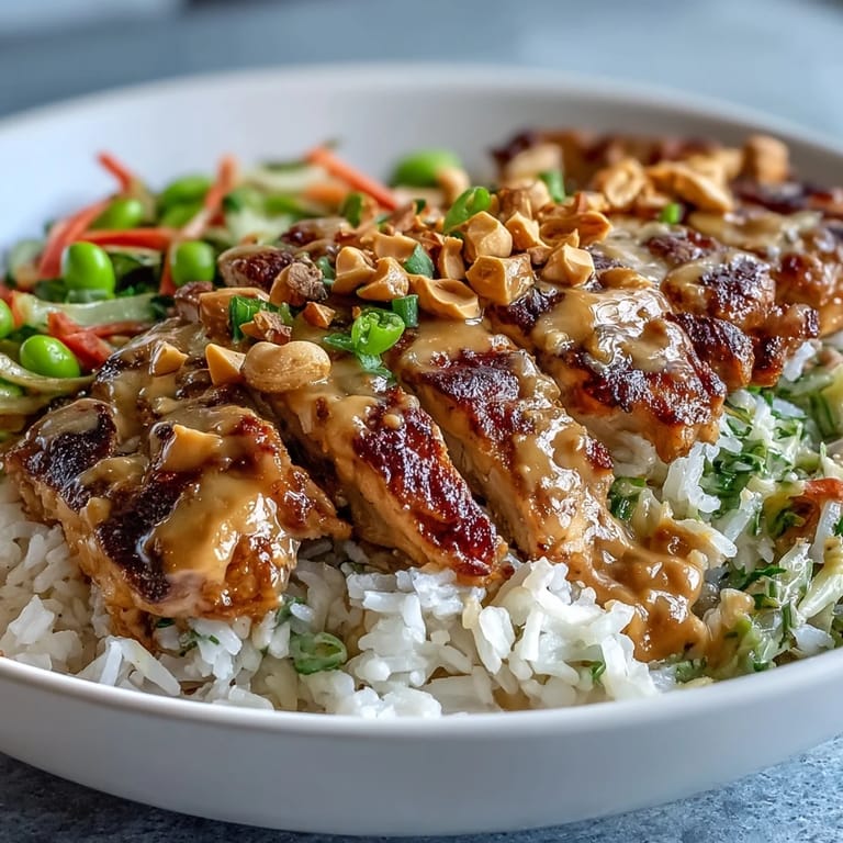 Grilled chicken and colorful vegetables rest on coconut rice, drizzled with creamy peanut sauce.