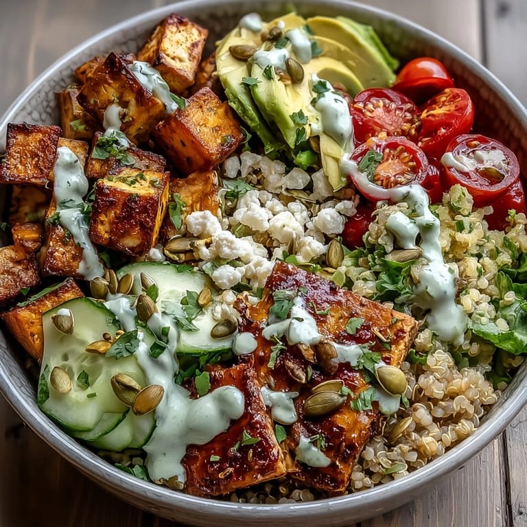 Colorful Customizable Grain Bowl with shrimp, cherry tomatoes, cucumber, and avocado, finished with sesame seeds and balsamic vinaigrette.