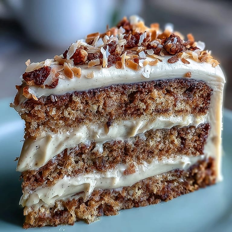 Vegan Hojicha Latte Cake with a fluffy coconut frosting swirl, dusted with hojicha powder on a rustic plate.