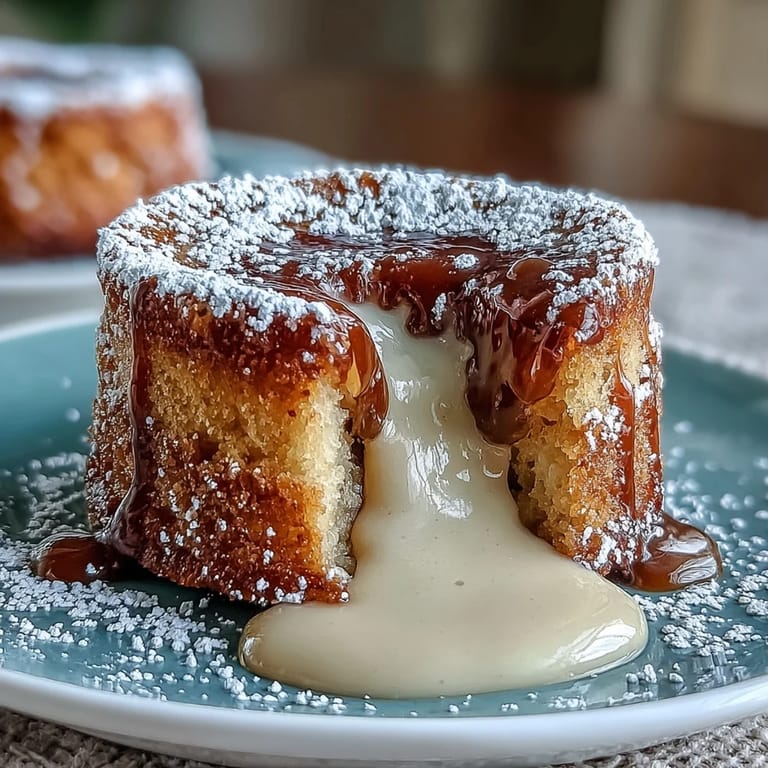 Perfectly baked Hojicha White Chocolate Lava Cake with a cracked top reveals a creamy, nutty white chocolate and hojicha molten filling.