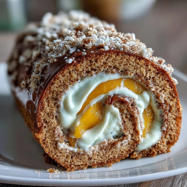 A close-up shows the tender sponge filled with hojicha cream and fresh mango slices, ready for dessert service.