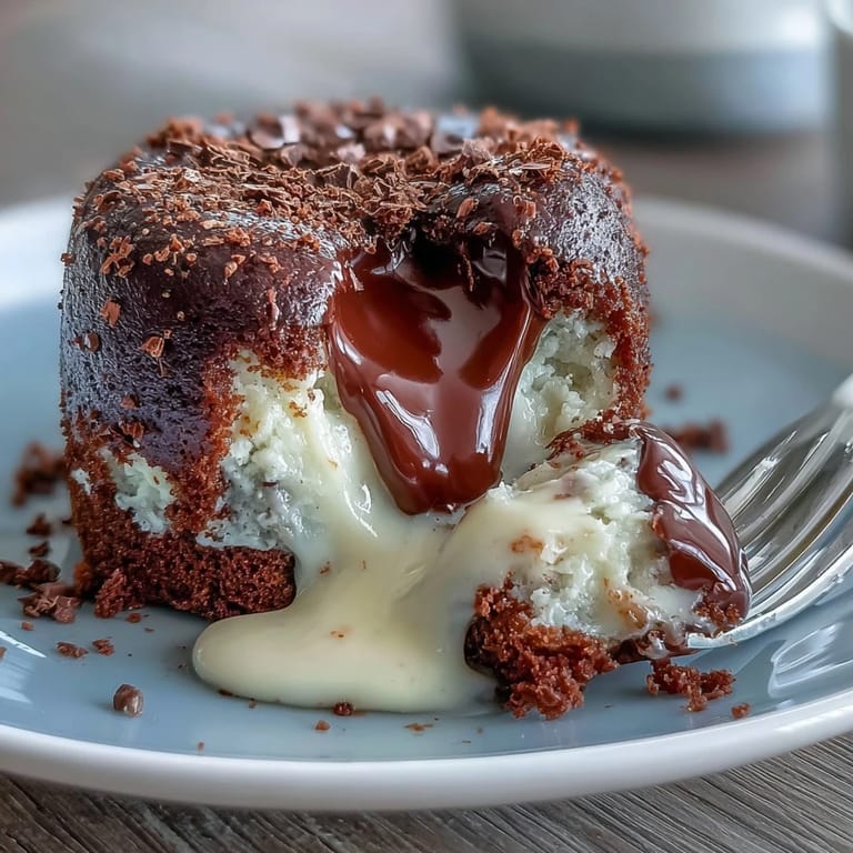 Fork piercing a warm Hojicha Lava Cake, revealing the creamy dark center next to a scoop of vanilla ice cream.