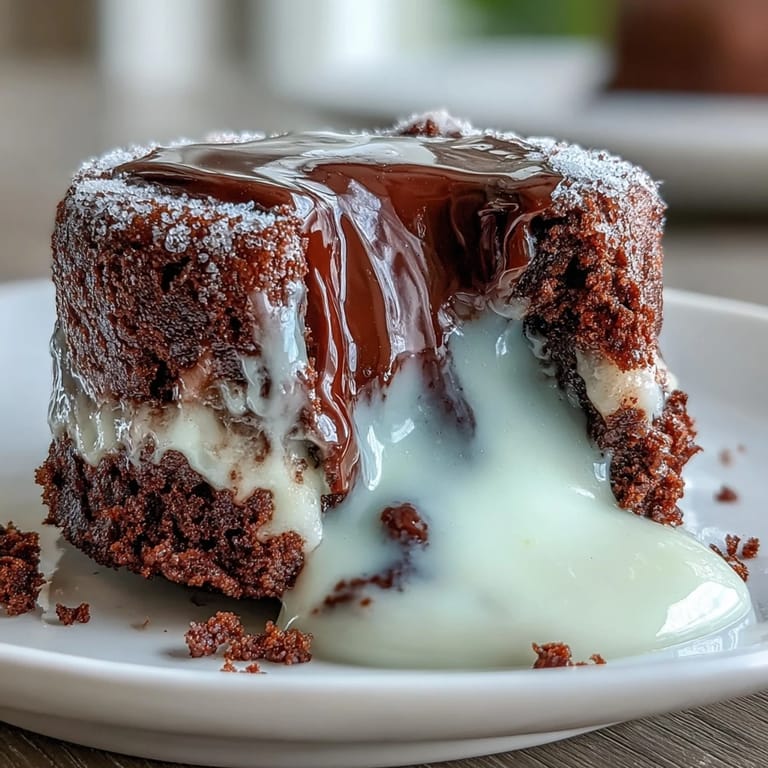 Dustinged with powdered sugar, a single Hojicha Lava Cake sits in a ceramic ramekin, ready to be eaten.