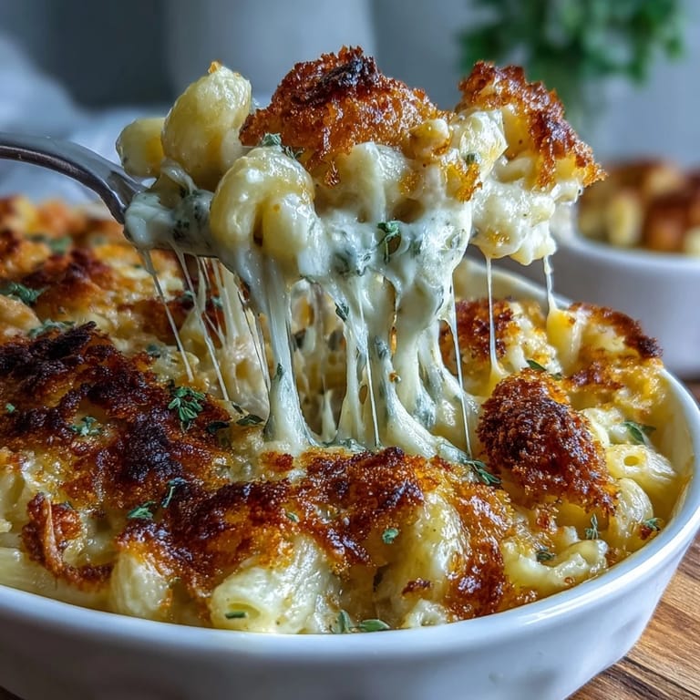 Rich and bubbly Southern soul food oven-baked mac and cheese, featuring a blend of sharp cheddar and golden breadcrumb topping.