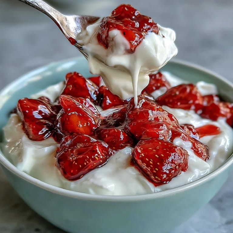 Fresh strawberry compote drizzled over thick Greek yogurt, garnished with mint leaves.