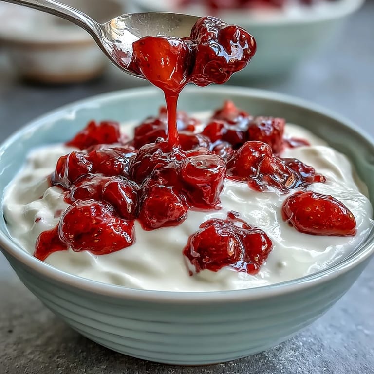 Creamy Greek yogurt topped with sweet-tart strawberry compote and a drizzle of honey.