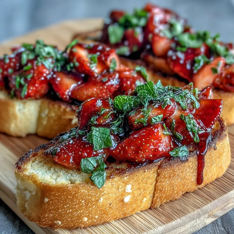 Vibrant strawberry bruschetta topped with mint and balsamic glaze, offering a sweet and tangy bite in every mouthful.  
