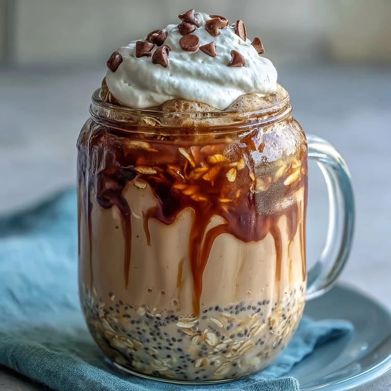 Coffee and vanilla overnight oats jar with chocolate chips and vanilla granola on top.