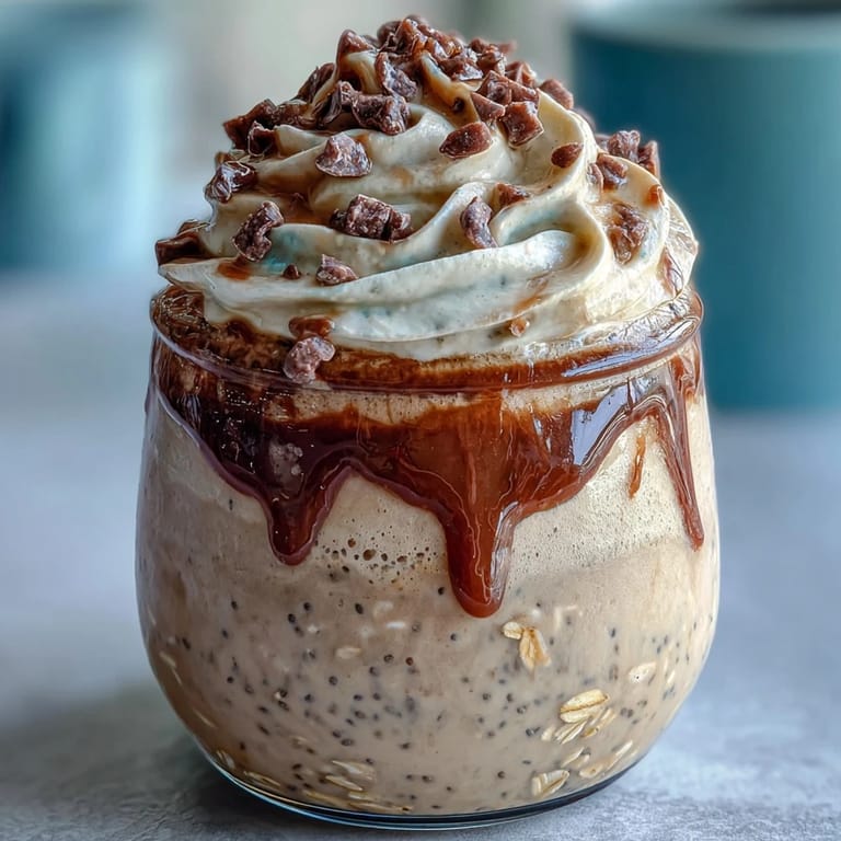 Creamy vanilla-infused overnight oats layered with coffee and topped with whipped cream.
