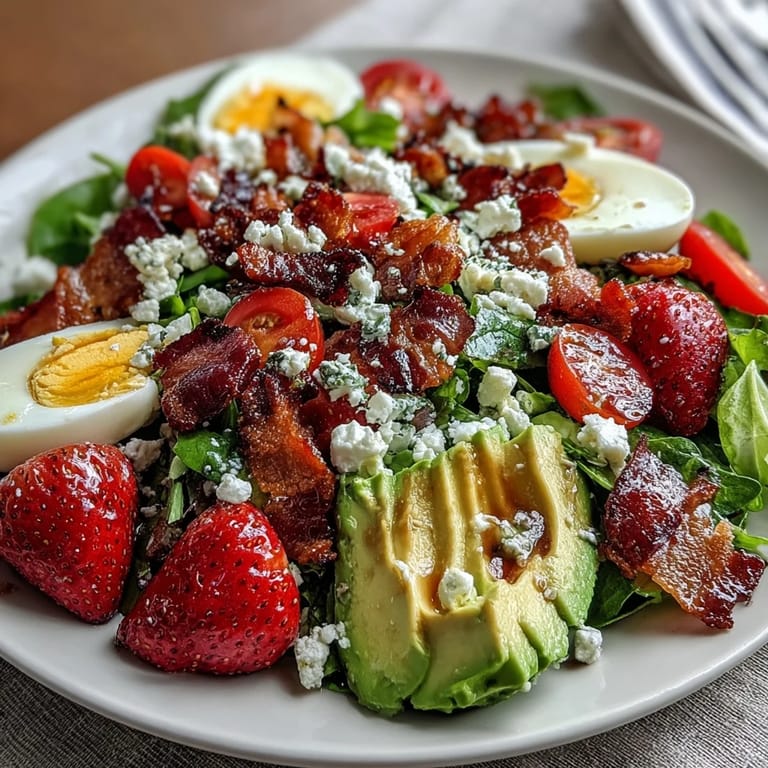 Colorful Spring Cobb Salad featuring ripe strawberries, diced avocado, crisp cucumber, and hard-boiled eggs, drizzled with balsamic vinaigrette.
