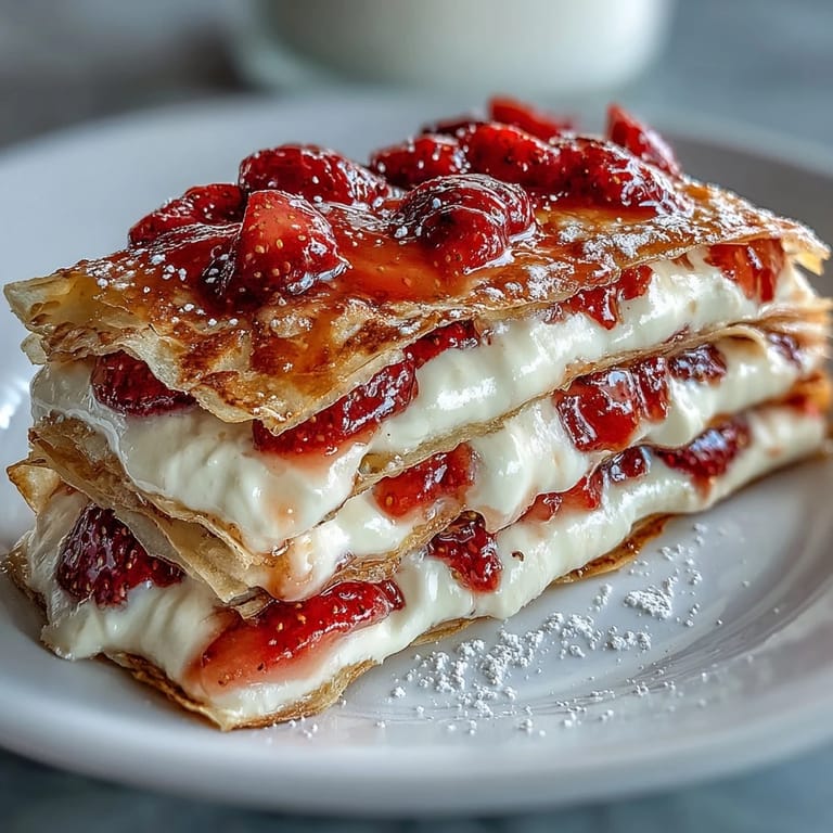 Slice of strawberry crepe cake revealing creamy layers and macerated fruit, garnished with whole berries and mint for a fresh, romantic presentation.