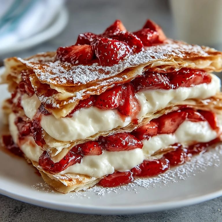 Delicate homemade crepes stacked with mascarpone vanilla cream and juicy strawberries, dusted with powdered sugar for a showstopping French dessert.