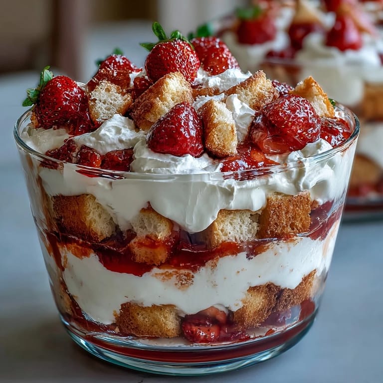 Layered Mothers Day Strawberry Shortcake Trifle featuring golden shortcake, juicy strawberries, and silky whipped cream.
