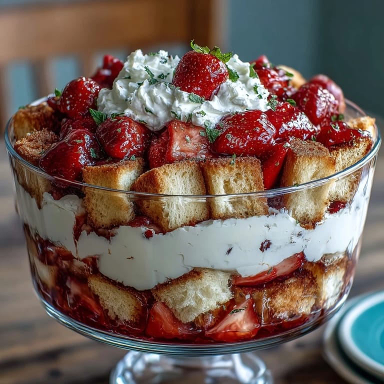 Elegant Mothers Day Strawberry Shortcake Trifle dessert with ripe strawberries and clouds of homemade whipped cream.