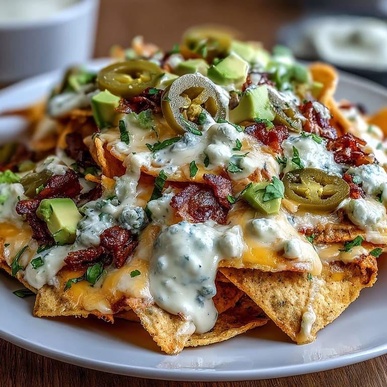 Creamy cheese sauce drizzled over warm tortilla chips, loaded with diced avocado, red onion, and spicy jalapeños for game day.  