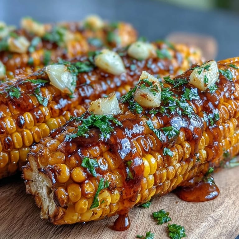 Juicy, steaming corn on the cob topped with rich garlic butter and fresh parsley for a savory side.
