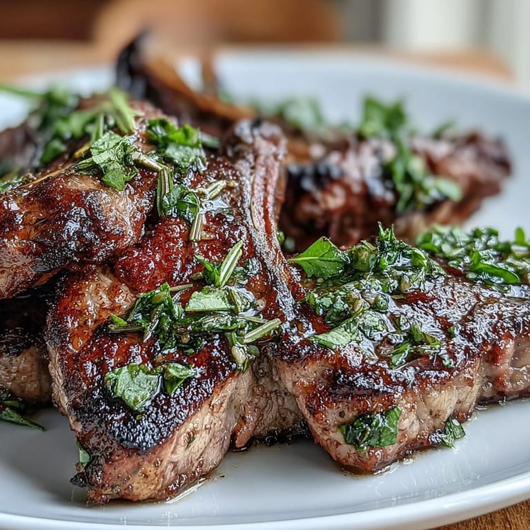 Tender grilled lamb chops paired with fresh mint gremolata, offering a vibrant and aromatic dining experience.