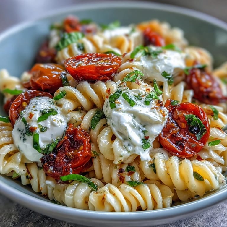 Caprese pasta with burrata features ripe tomatoes, fragrant basil, and silky cheese for a refreshing vegetarian meal.