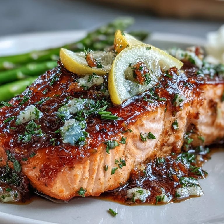 Aromatic Garlic Butter Salmon with Asparagus, tender fish fillets infused with garlic and thyme, served with bright, fresh asparagus for a springtime dinner.
