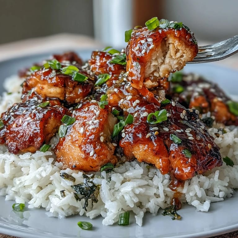 Sticky honey garlic chicken with rice, slow-cooked to perfection, served with a savory glaze and fresh scallions.