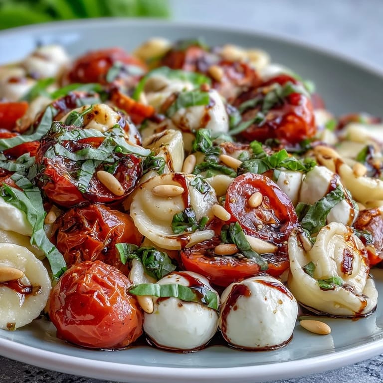 Refreshing pasta salad featuring ripe cherry tomatoes, creamy mozzarella, and fresh basil leaves, perfect for warm summer days.