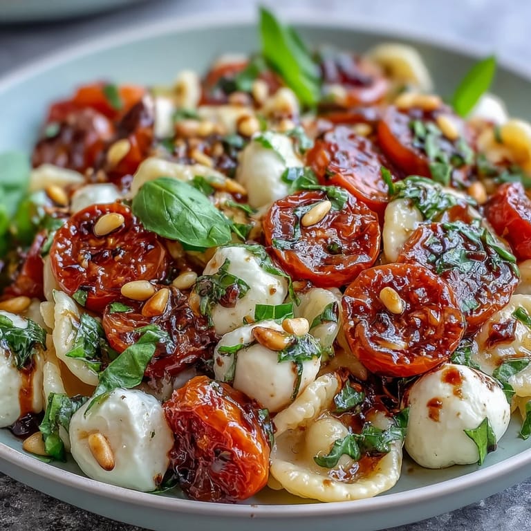 Vibrant summer pasta salad with al dente pasta, cherry tomatoes, mozzarella, and basil, drizzled with olive oil and balsamic glaze.