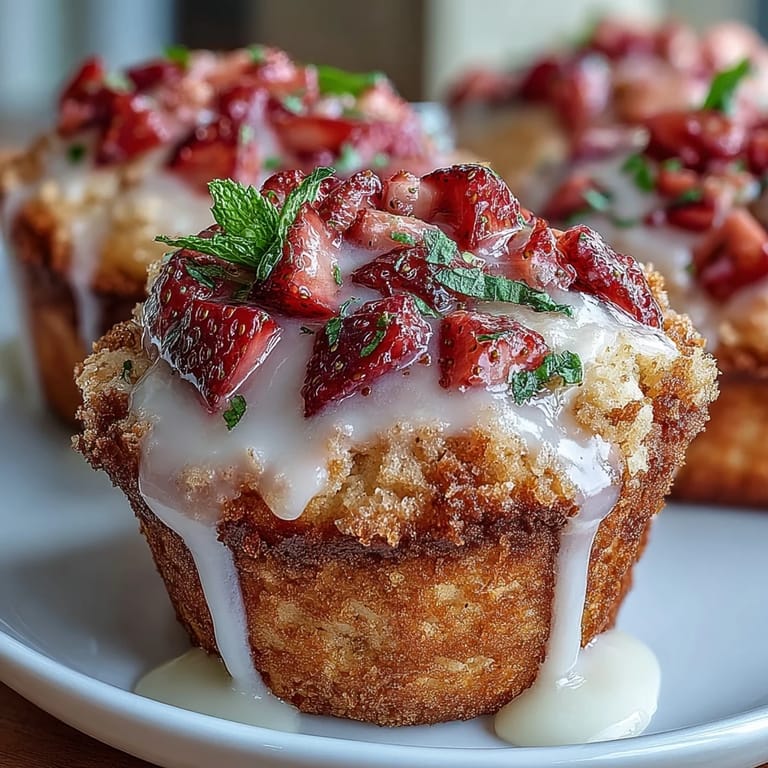 Golden muffins bursting with juicy strawberries and zesty lemon, topped with a sweet-tart lemon glaze for irresistible flavor.