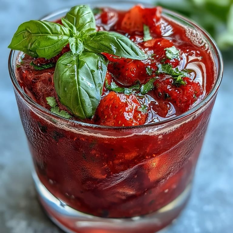 Vibrant red strawberries and green basil leaves muddled together, topped with fizzy sparkling water for a summer mocktail.