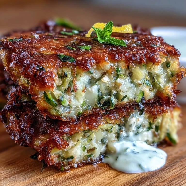 Golden zucchini pancakes loaded with feta cheese, served warm with a tangy mint yogurt sauce for a light vegetarian meal.  