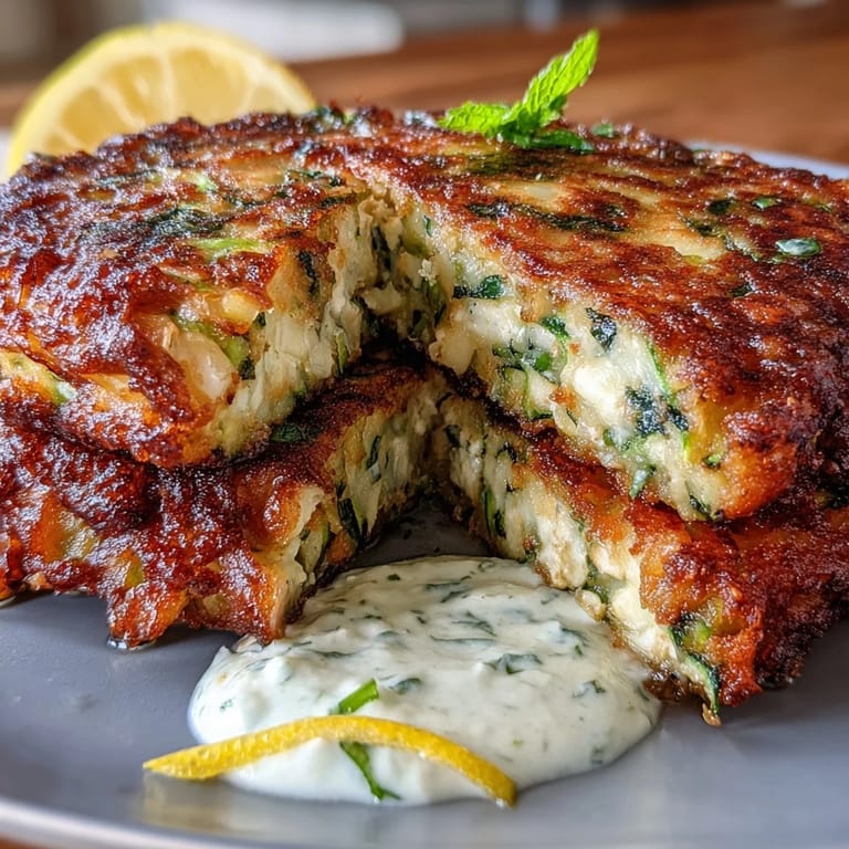 Savory zucchini fritters with feta, pan-fried to golden perfection, paired with a cool, herb-infused yogurt mint dipping sauce.