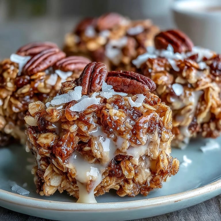 Thick, golden granola clusters packed with hearty oats, mixed nuts, and coconut, baked until perfectly crisp and ready for yogurt topping.