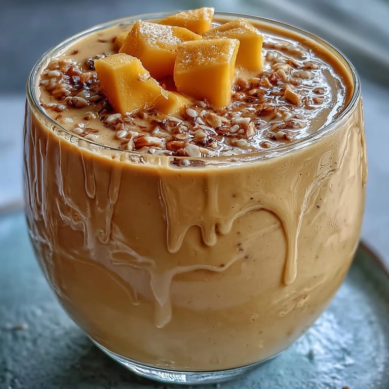Thick, blended mango coconut chia smoothie with delicious coconut milk and chia seeds.