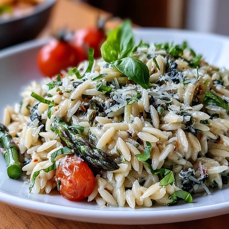 Creamy spring orzo primavera bursting with fresh vegetables, basil, and tangy lemon zest.