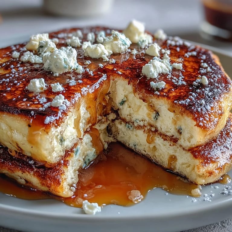 A stack of soft lemon ricotta pancakes, infused with citrus zest and served with a side of honey.