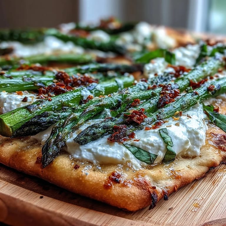 Creamy burrata and zesty lemon brighten roasted asparagus flatbread, perfect for light lunches or elegant entertaining.