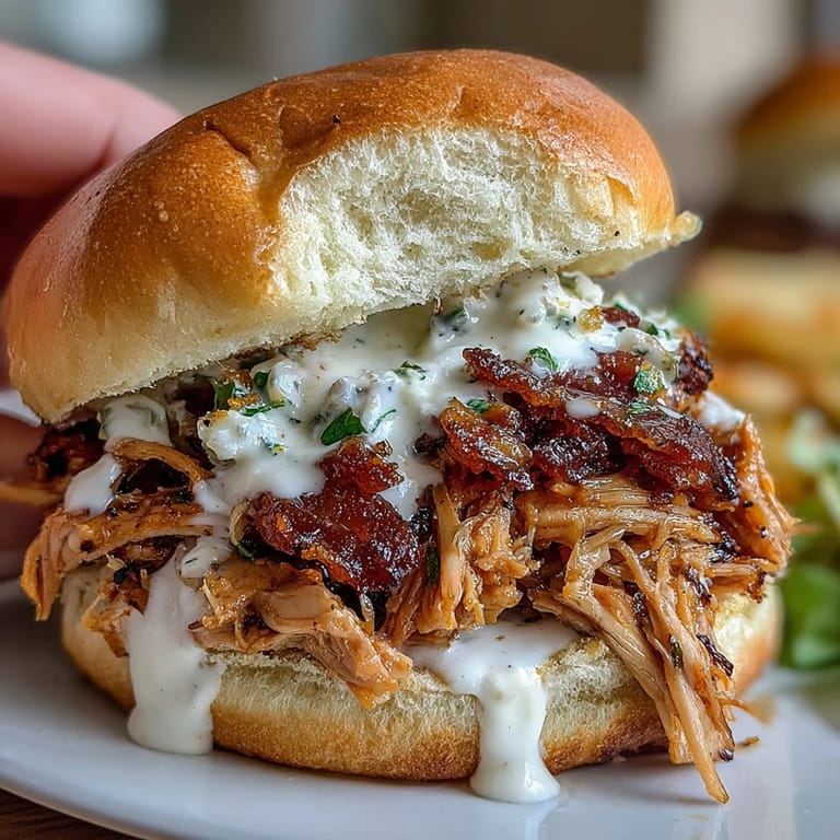 Tender smoked chicken shredded and tossed in zesty white BBQ sauce, served on toasted buns with optional crunchy coleslaw for texture.