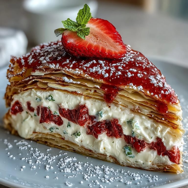 Elegant French crêpe cake showcasing golden crêpes stacked with luscious strawberry mascarpone cream, perfect for special celebrations.