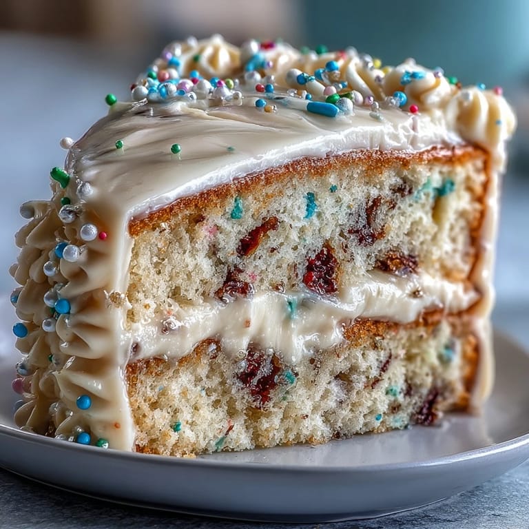 Vibrant confetti cake slices reveal a festive interior dotted with rainbow sprinkles, crowned with silky champagne-infused frosting.