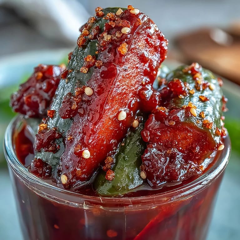 A colorful viral snack cup showcasing a chamoy-glazed pickle wrapped in fruit candy, topped with sour gummies.